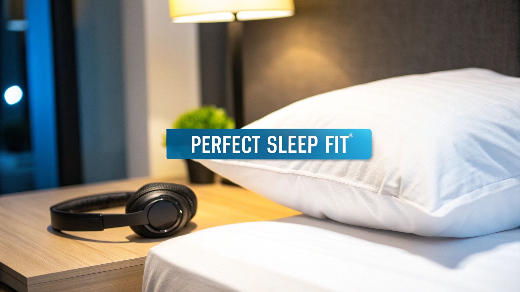 A cozy bedroom featuring a white pillow, black headphones on a nightstand, and a "Perfect Sleep Fit" banner.