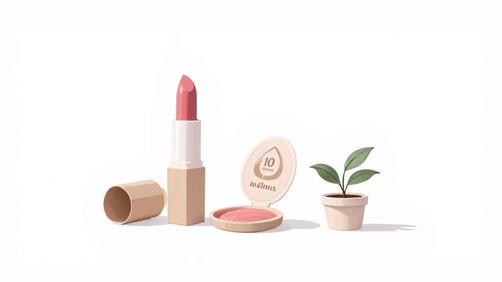 Makeup products including lipstick and compact, alongside a potted plant on a clean white background.