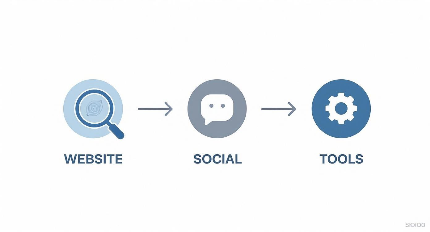 A three-step workflow diagram showing Website (magnifying glass) to Social (chat icon) to Tools (gear icon).