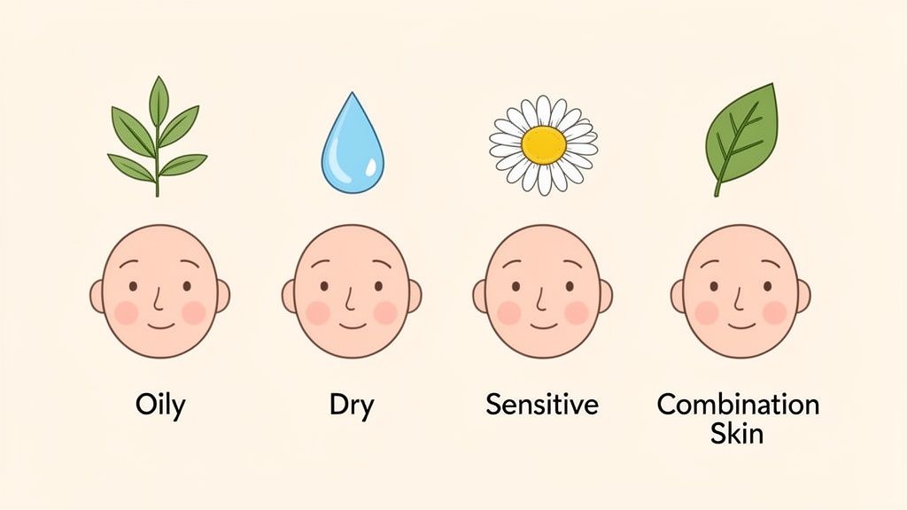 Illustration showing four skin types: oily, dry, sensitive, and combination, each with an icon and face.