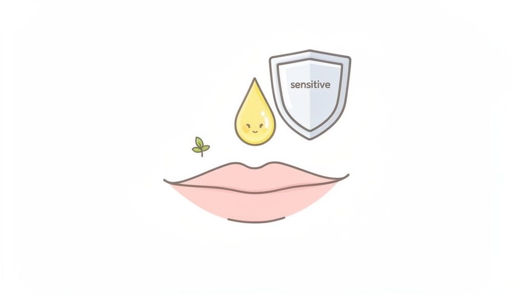Cartoon illustration of pink lips with a smiling yellow drop, a small green leaf, and a shield labeled 'sensitive'.