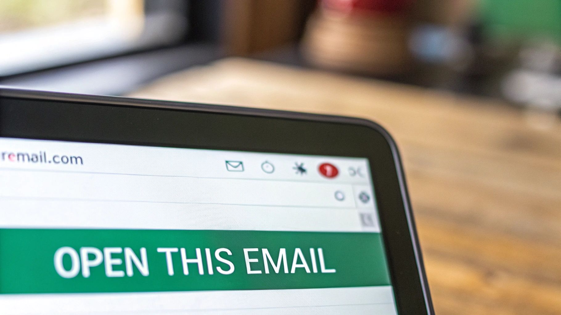 Close-up of a tablet screen displaying an email interface with a prominent green banner saying "OPEN THIS EMAIL."