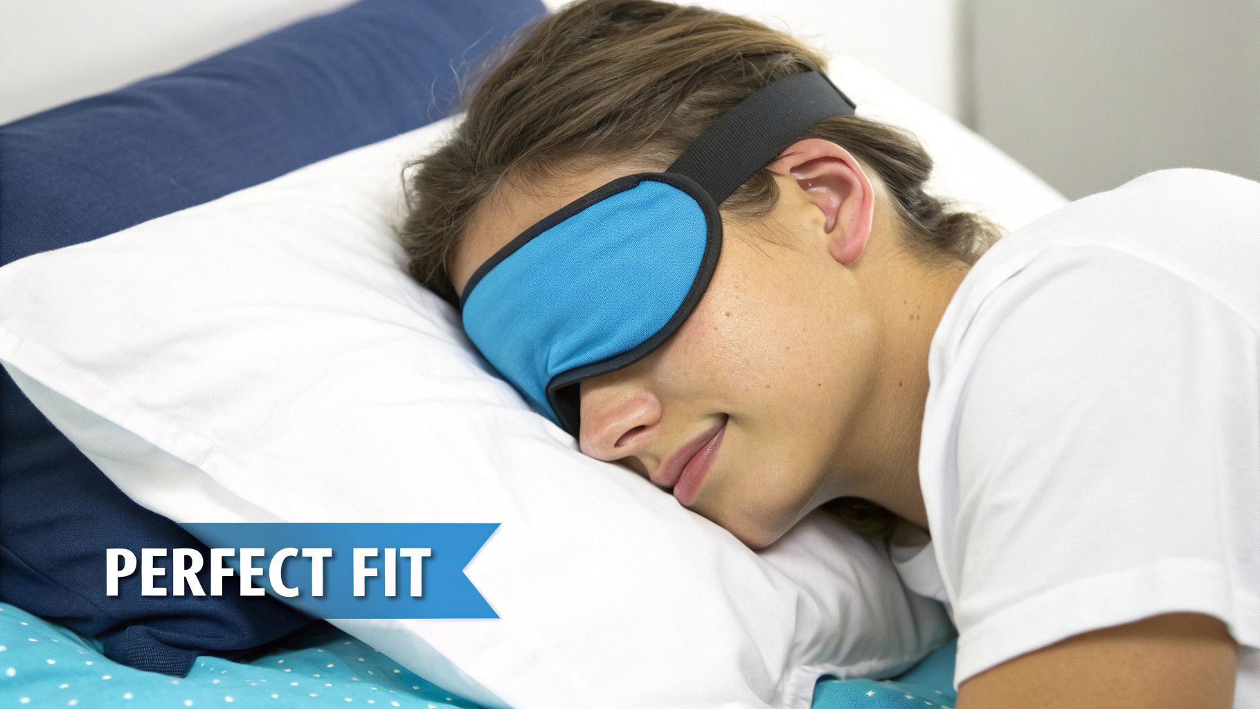A person with brown hair sleeps peacefully on a white pillow, wearing a blue sleep mask for optimal rest.