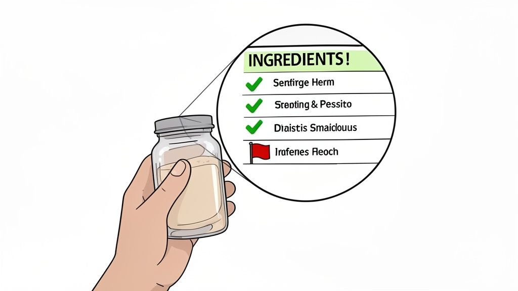 A hand holds a jar of powder, with a magnified list showing three approved ingredients and one flagged.