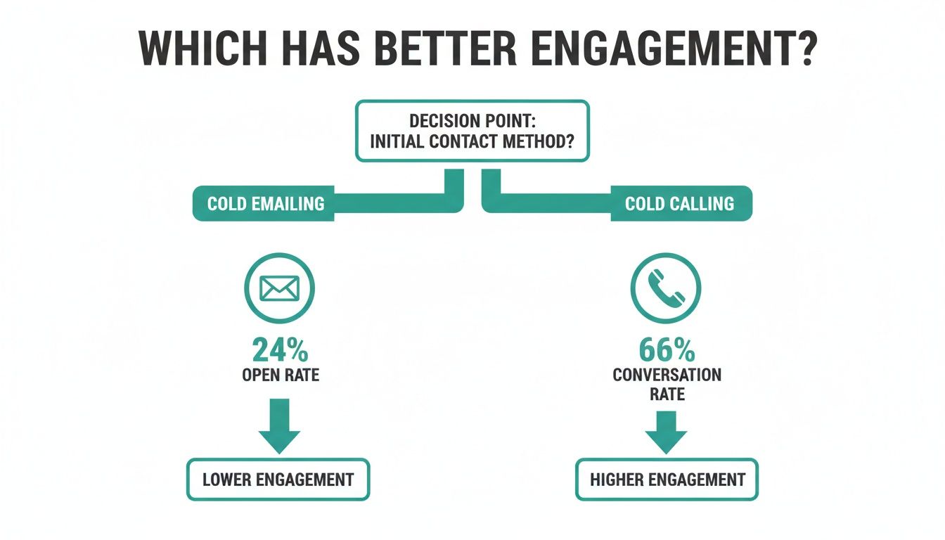 Infographic comparing cold emailing (24% open rate) versus cold calling (66% conversation rate) for engagement.