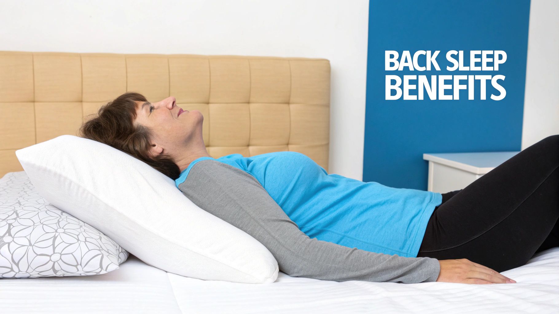 A woman sleeps peacefully on her back in bed, highlighting back sleep benefits.
