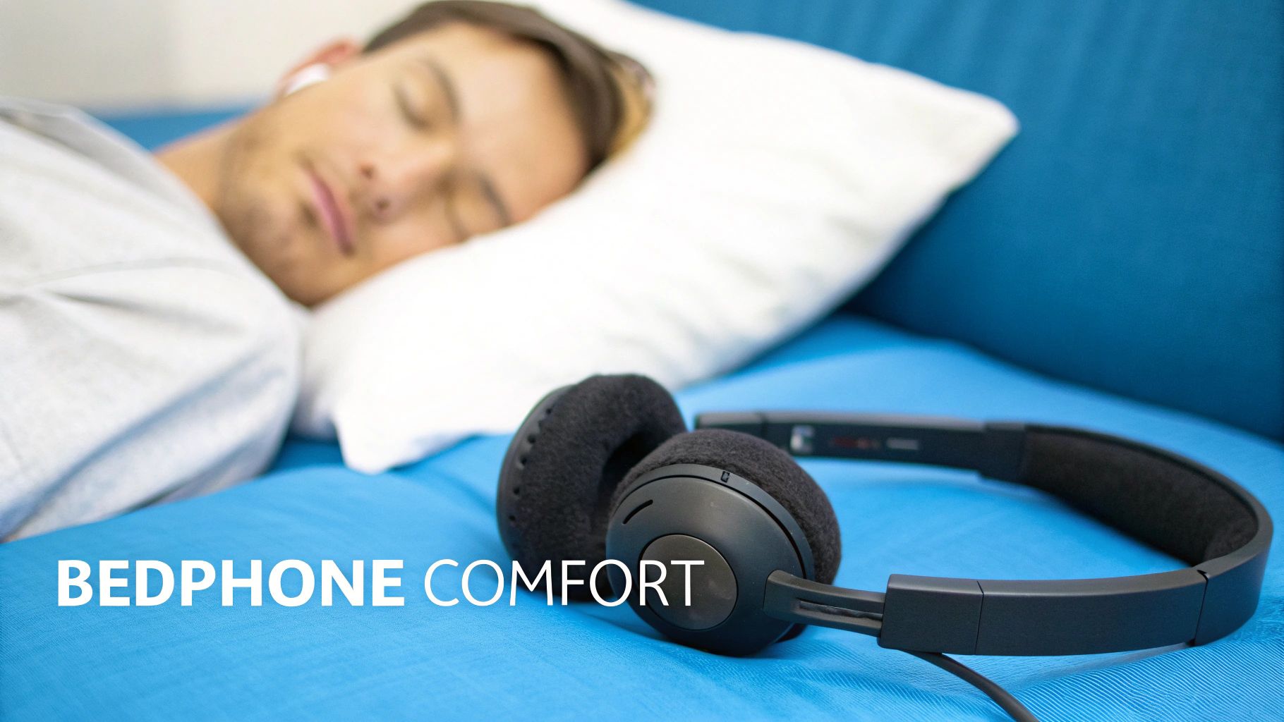 A man sleeps peacefully in bed with earbuds, while comfortable black headphones rest nearby.