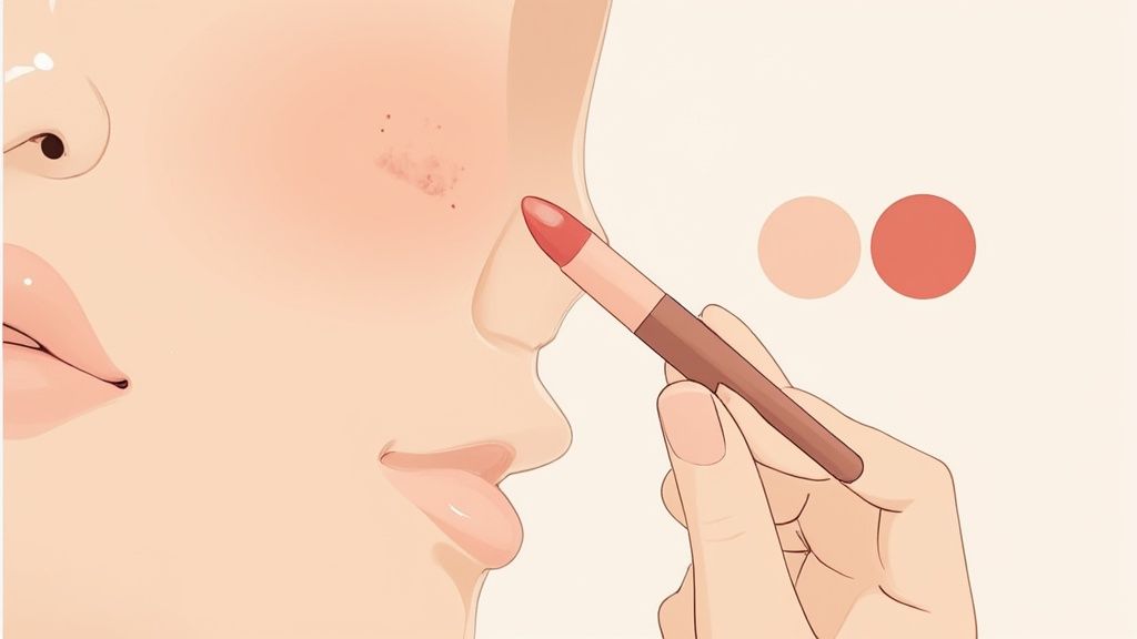 Close-up of a hand applying a red makeup stick to a cheek with small freckles, showing beauty product use.