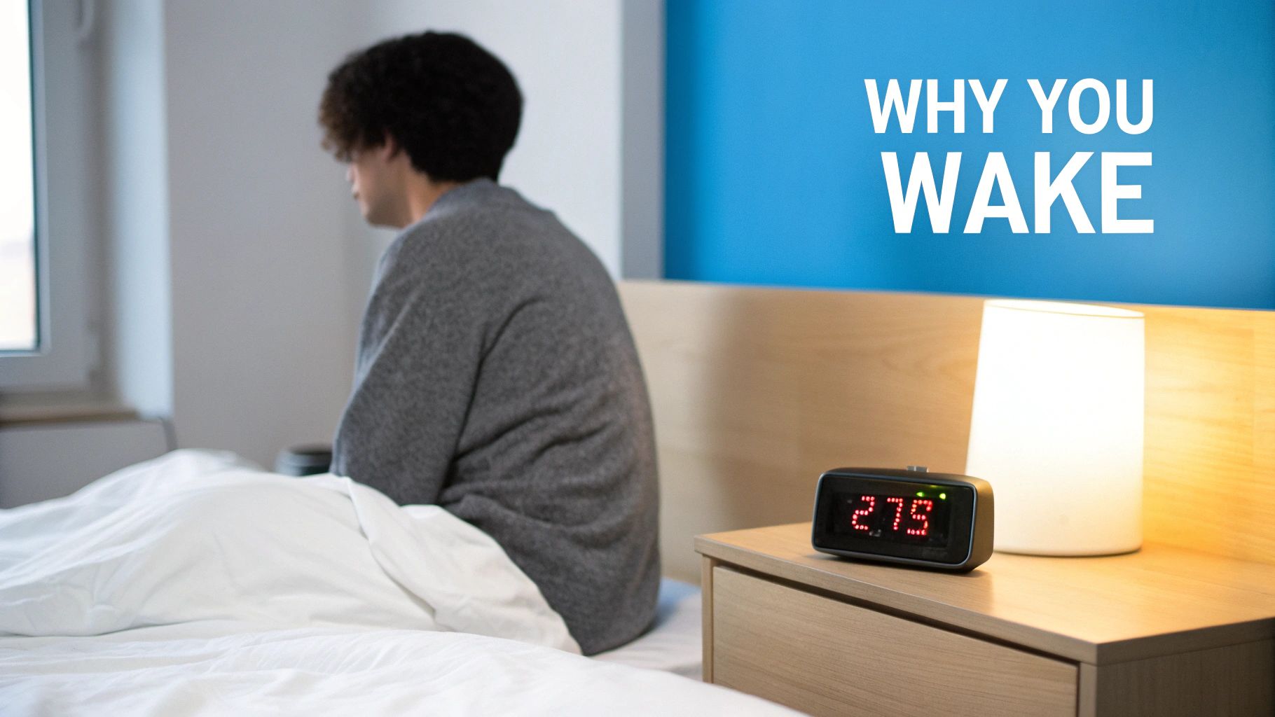 A person sits on a bed, looking out a window, next to a nightstand with a digital clock and lamp, under text 'WHY YOU WAKE'.