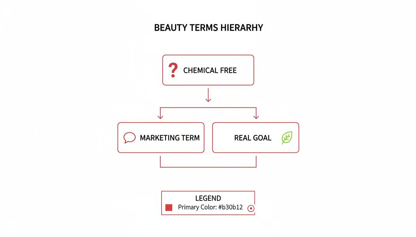 Hierarchy chart questioning 'Chemical Free' in beauty, showing it as a marketing term versus a real goal.