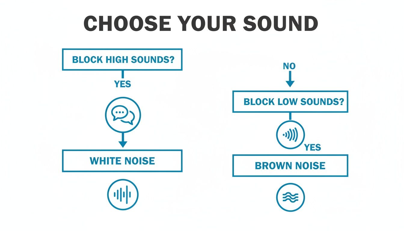 Flowchart guiding users to choose sound: white noise blocks high sounds, brown noise blocks low sounds.