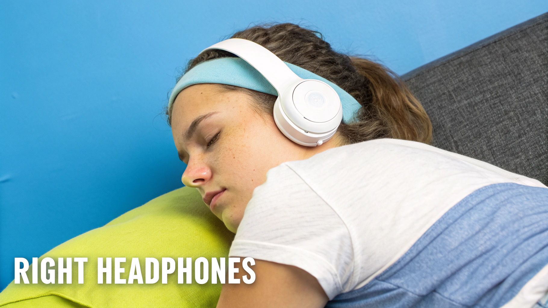A pair of sleep-specific headphones resting on a pillow next to a smartphone.