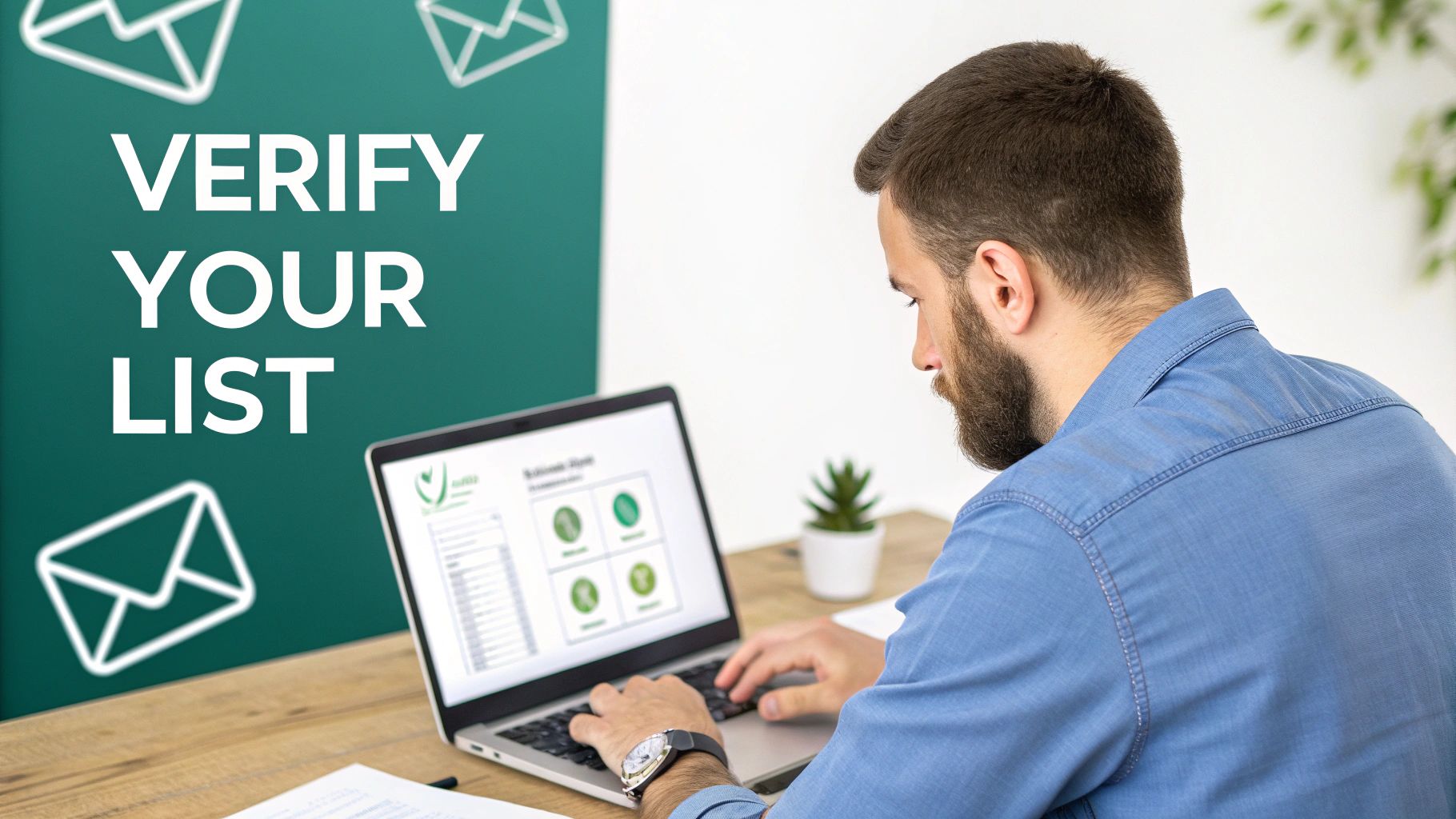 A man types on a laptop, verifying a list with email icons and text 'VERIFY YOUR LIST' on a green wall.