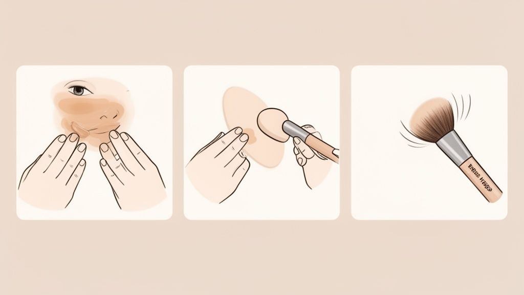 Illustration showing a three-step process for applying makeup using hands, a sponge, and a brush.