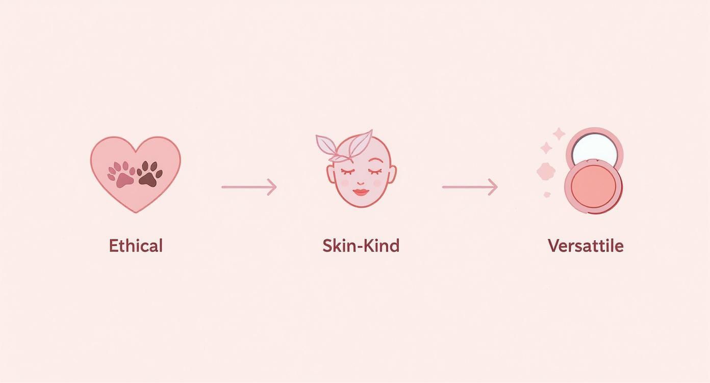 Diagram illustrating key product features: ethical (cruelty-free), skin-kind (natural), and versatile (makeup compact).
