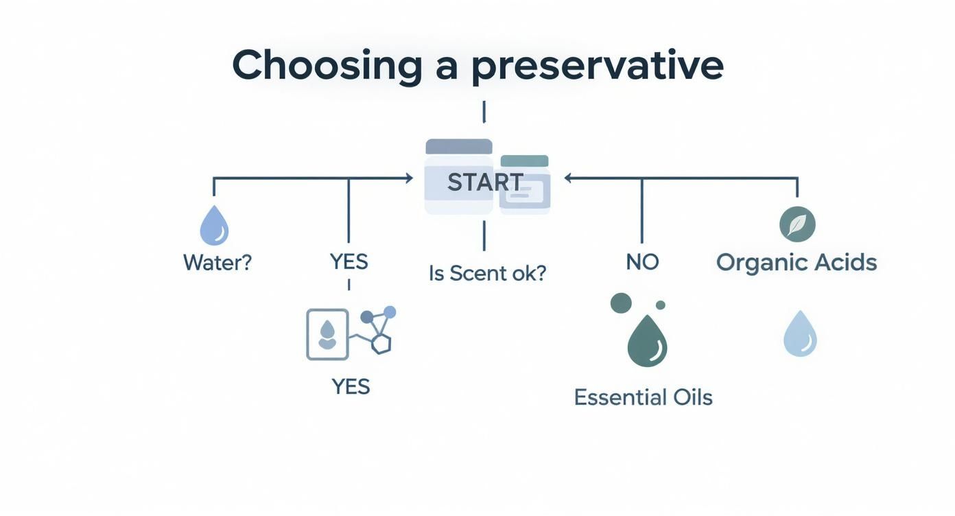Flowchart diagram showing decision tree for selecting preservatives including water, essential oils, and organic acids options