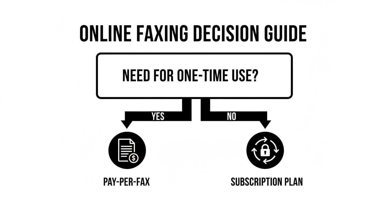 A flowchart decision guide for online faxing. It asks 'Need for one-time use?' Yes leads to Pay-Per-Fax, No leads to Subscription Plan.