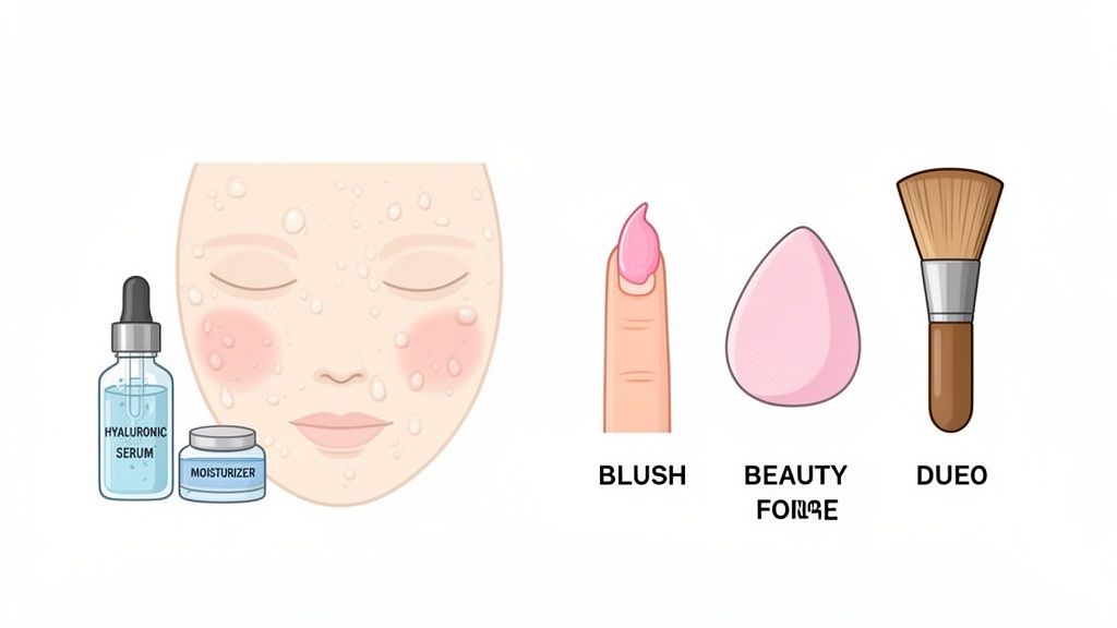 Skincare serum and moisturizer, a face with blush, and makeup application tools: a finger, sponge, and brush.