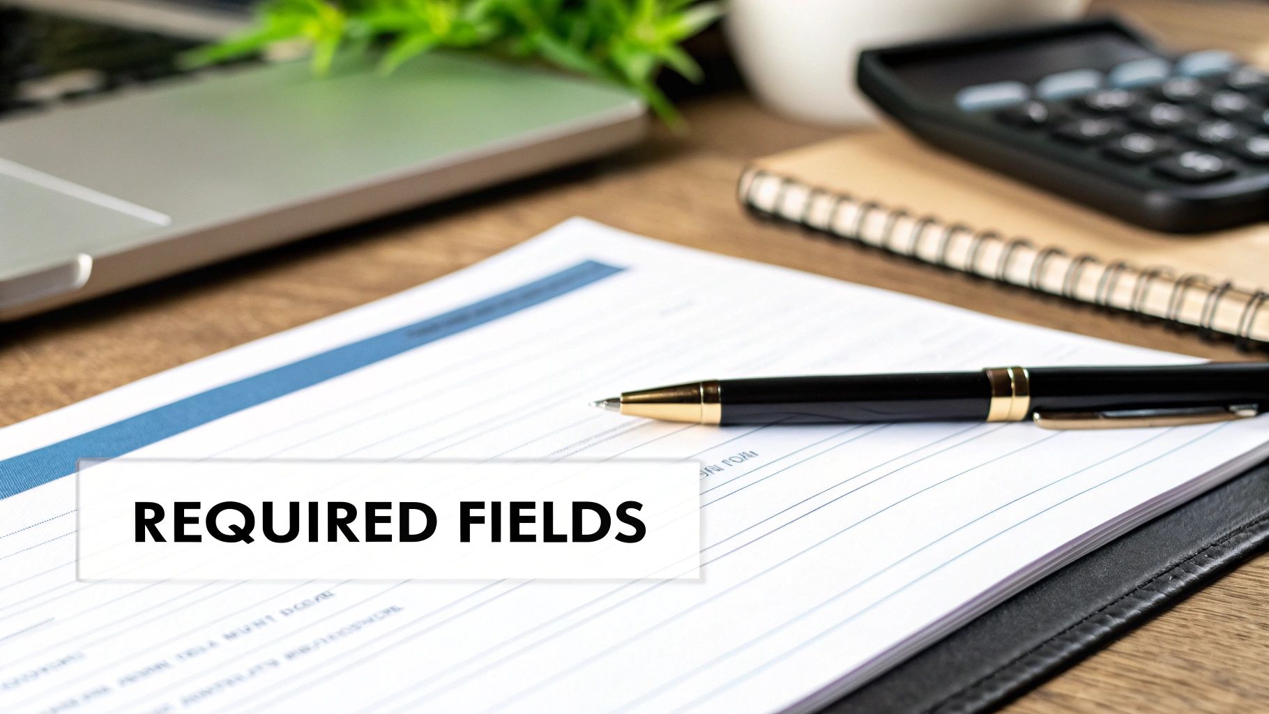 A close-up of a document with 'REQUIRED FIELDS' text, a pen, and office items on a desk.