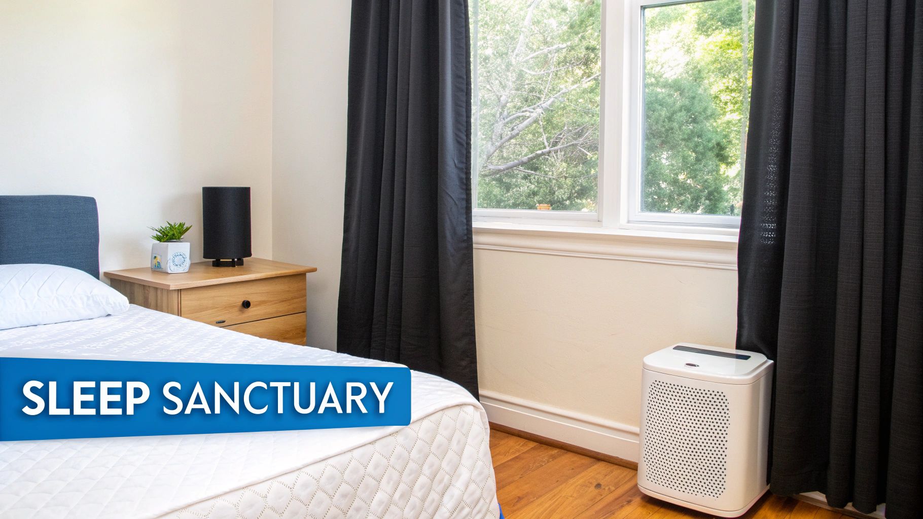 A cozy bedroom sanctuary with blackout curtains, a neatly made bed, and soft, warm lighting.