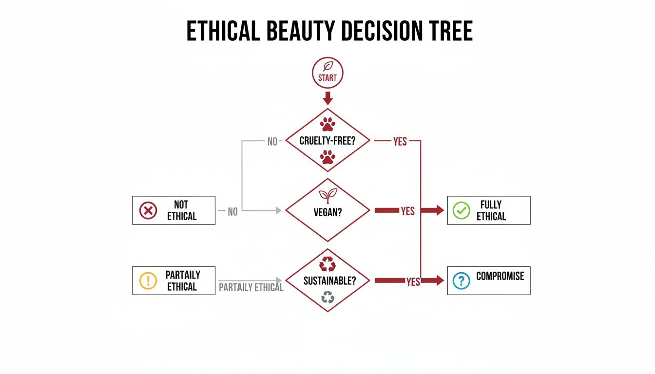 A flowchart for ethical beauty decisions, evaluating cruelty-free, vegan, and sustainability criteria.