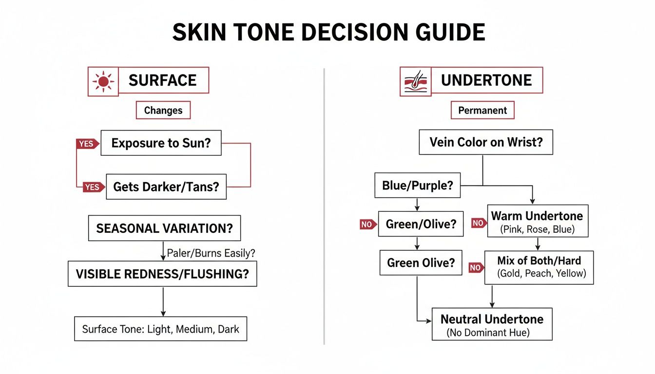 Detailed decision guide explaining how to determine your skin's surface tone and permanent undertone.