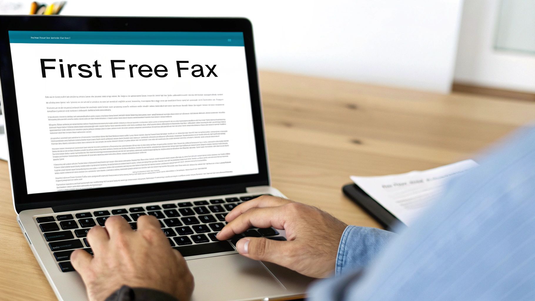 Person typing on laptop displaying first free fax service on screen at desk