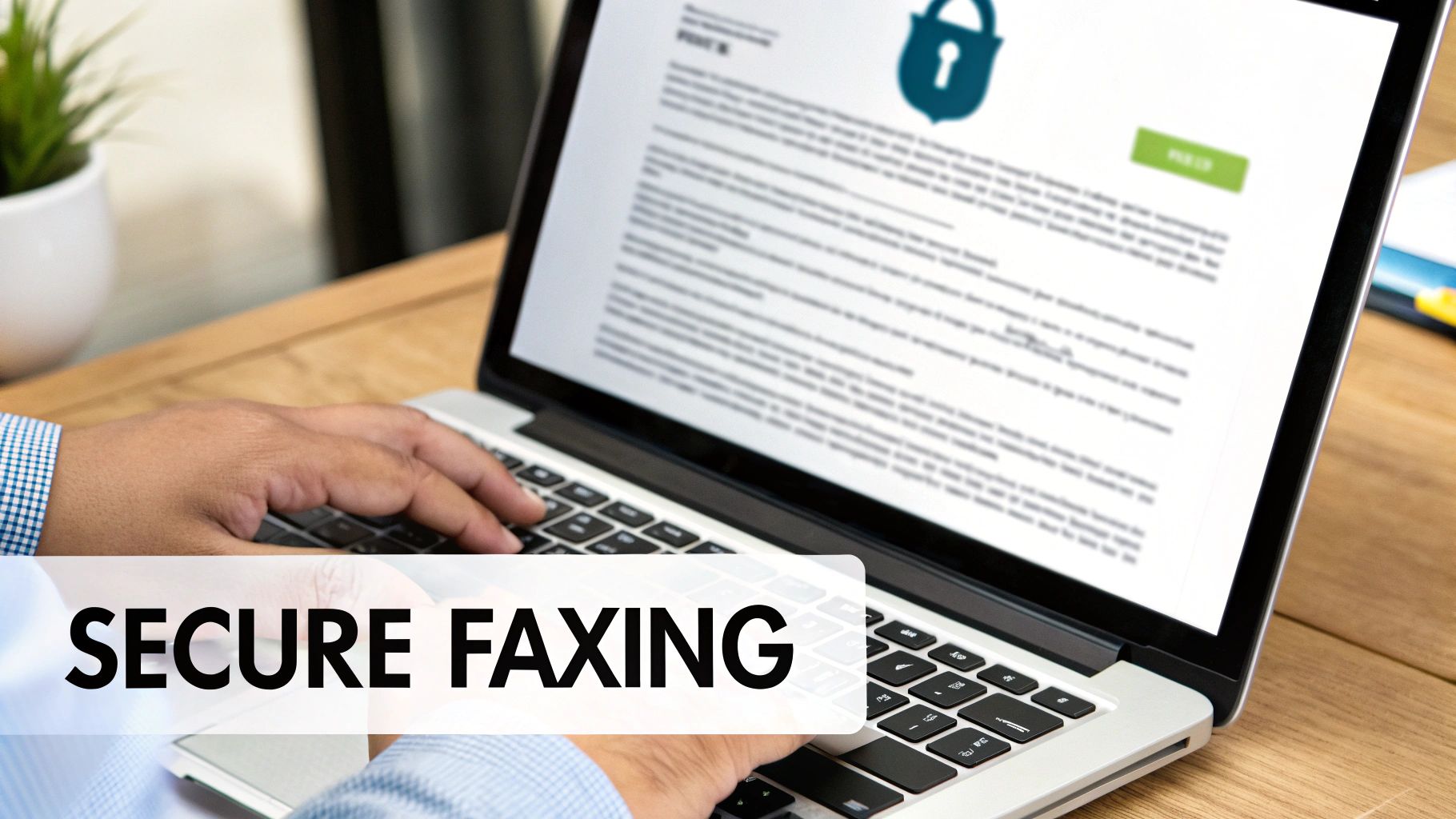 Person using laptop for secure faxing with padlock icon on screen showing document transmission