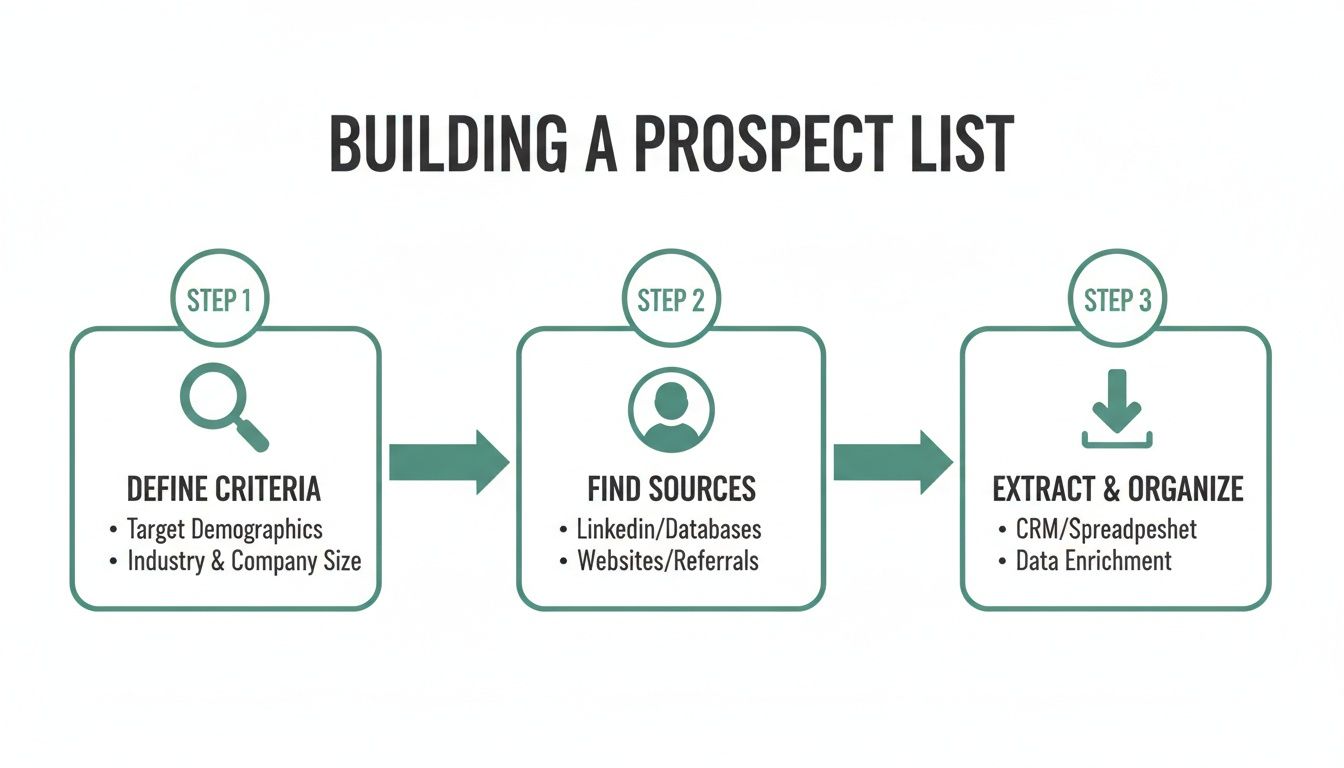 An infographic outlines three steps for building a prospect list: define criteria, find sources, and extract & organize.
