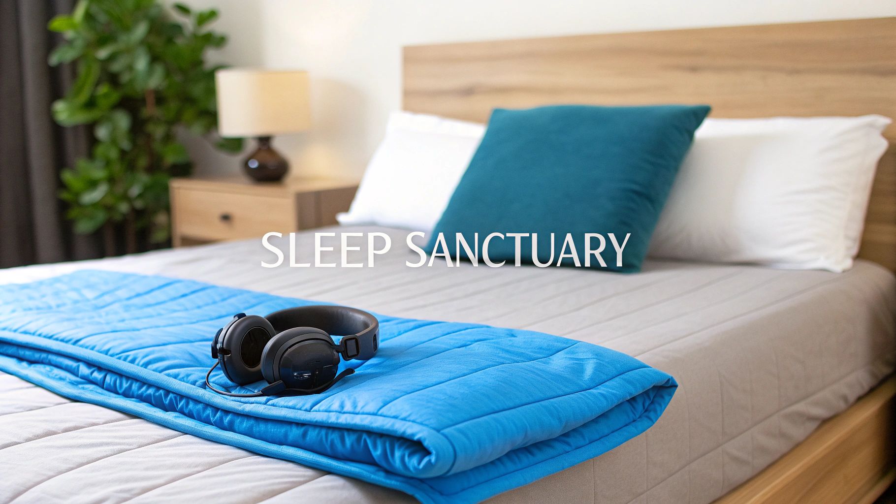 A cozy bedroom with a neatly made bed, blue weighted blanket, and headphones, creating a sleep sanctuary.