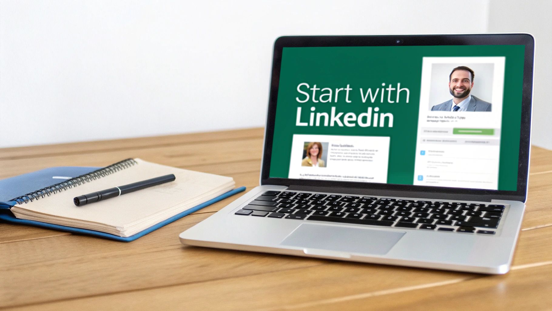 A laptop on a wooden desk displays 'Start with LinkedIn' with profiles, alongside a notebook and pen.