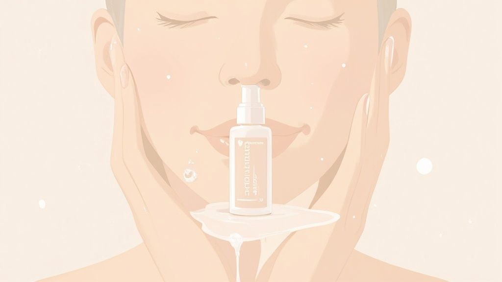 Woman holding foundation bottle demonstrating skincare routine for dry sensitive skin moisturizing application