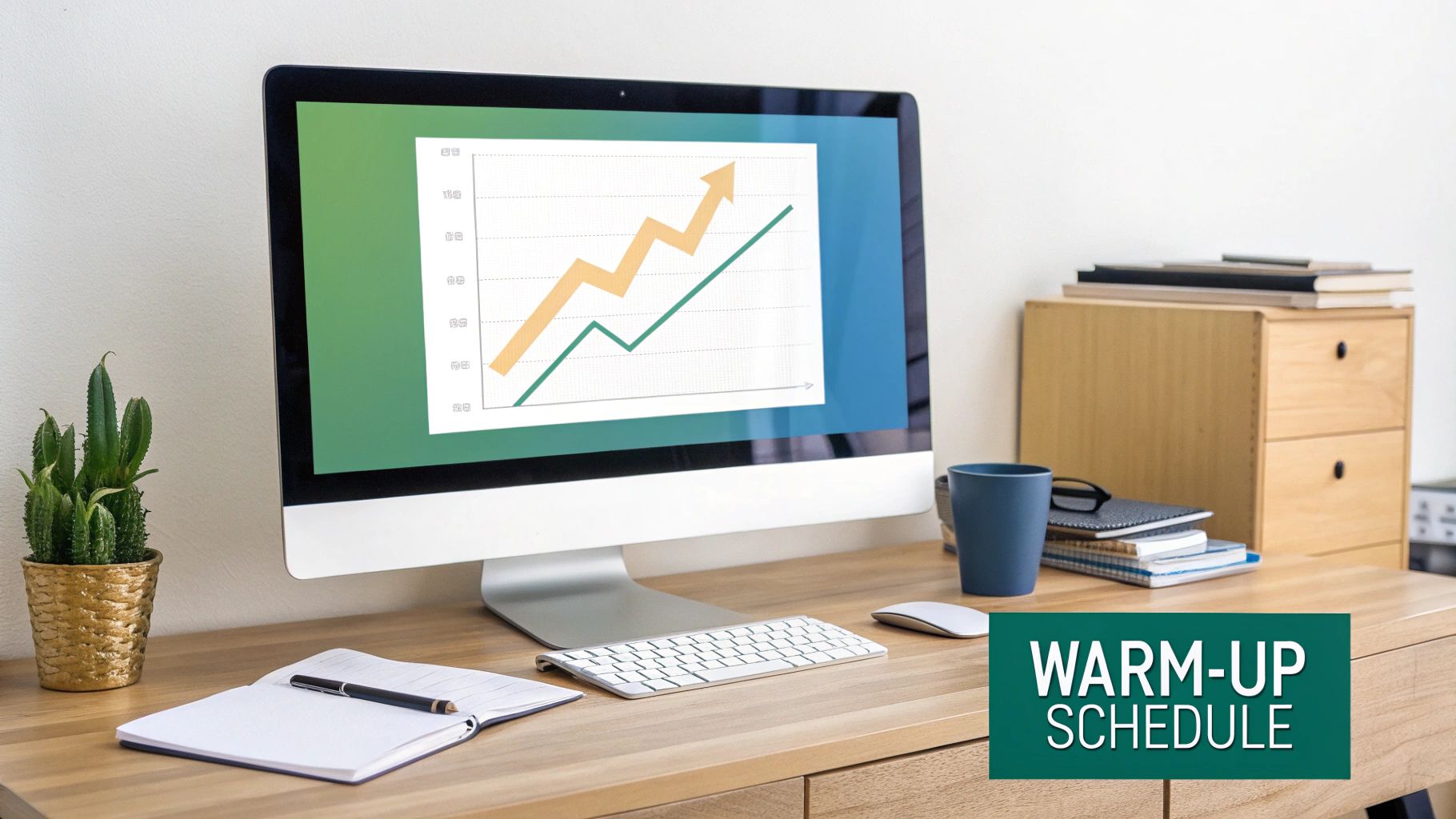 An organized office desk with a computer displaying a positive trend graph and a 'Warm-Up Schedule'.