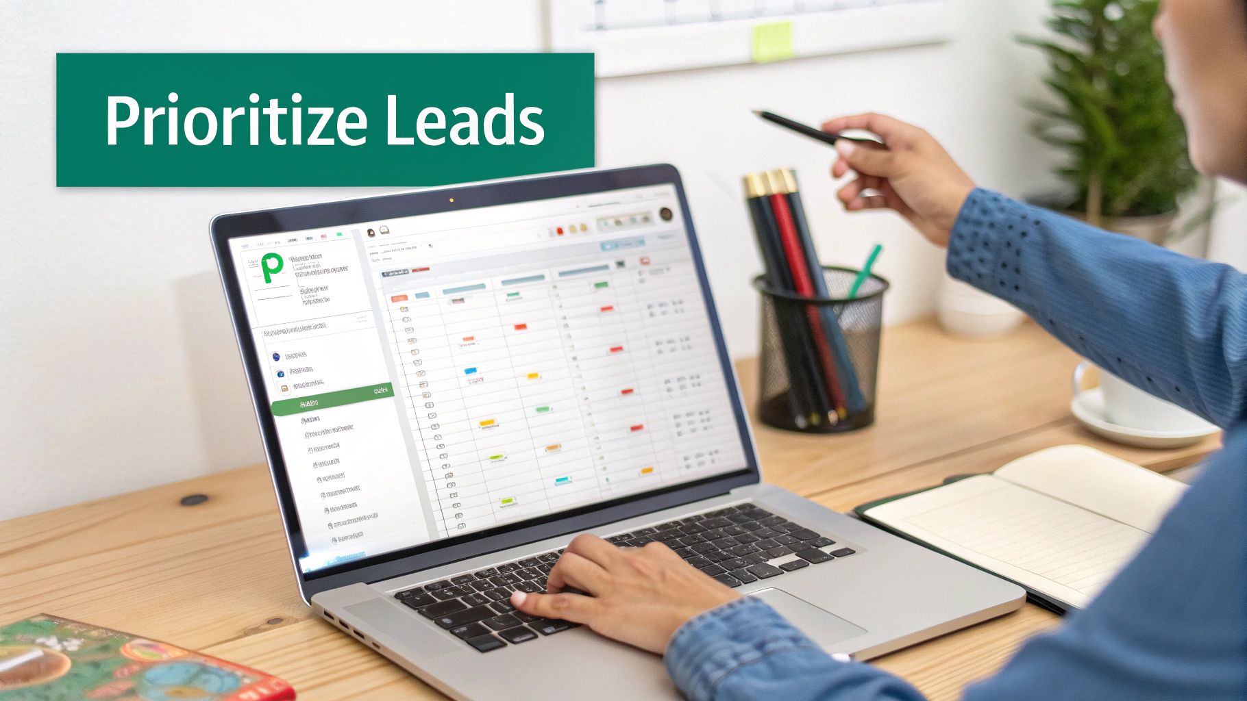 A person works on a laptop, prioritizing leads on a management software screen, with a pen in hand.