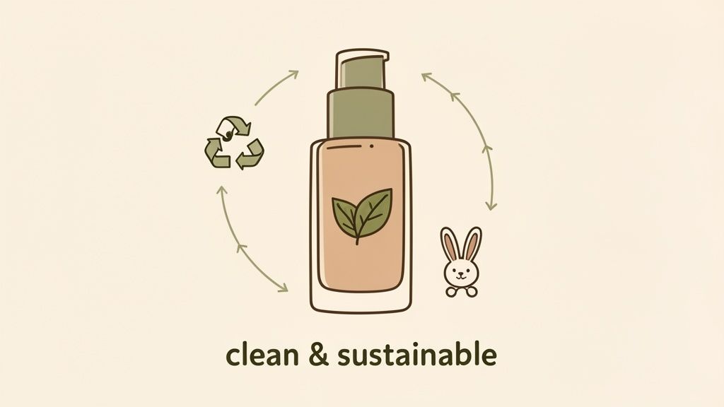 Illustration of a cosmetic bottle with a leaf, recycling symbol, and bunny, representing clean and sustainable beauty.