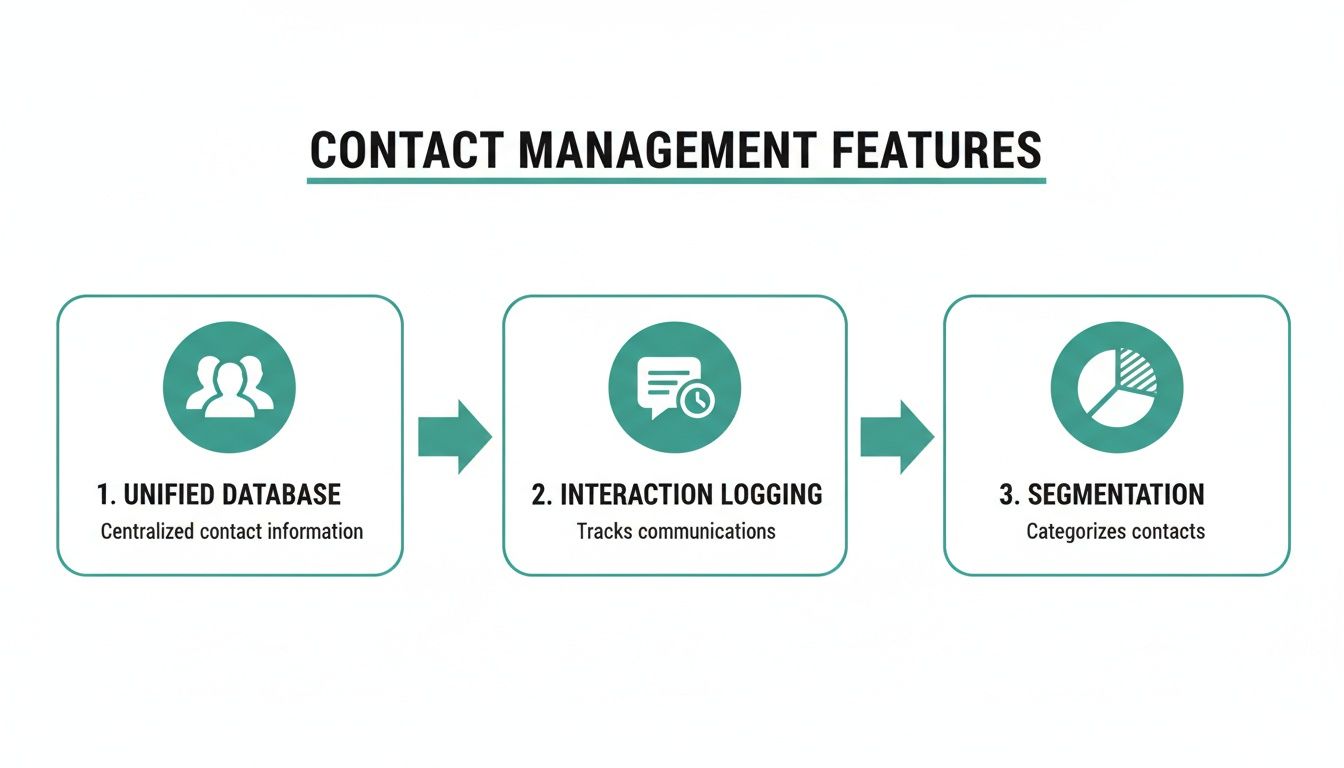 Diagram illustrating key contact management features: unified database, interaction logging, and segmentation.