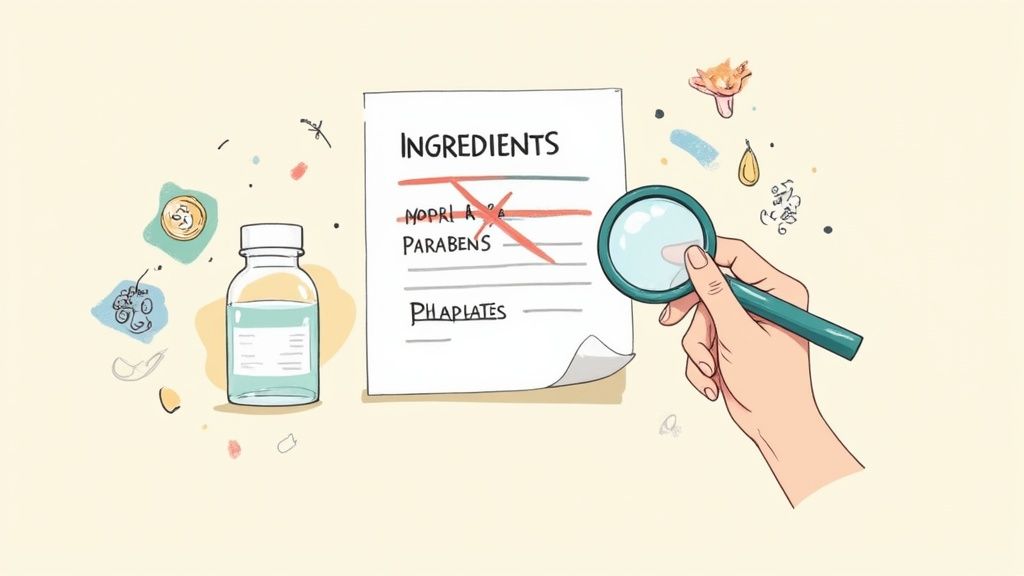 A person's hand holding up a makeup product and closely examining the ingredient label on the back.