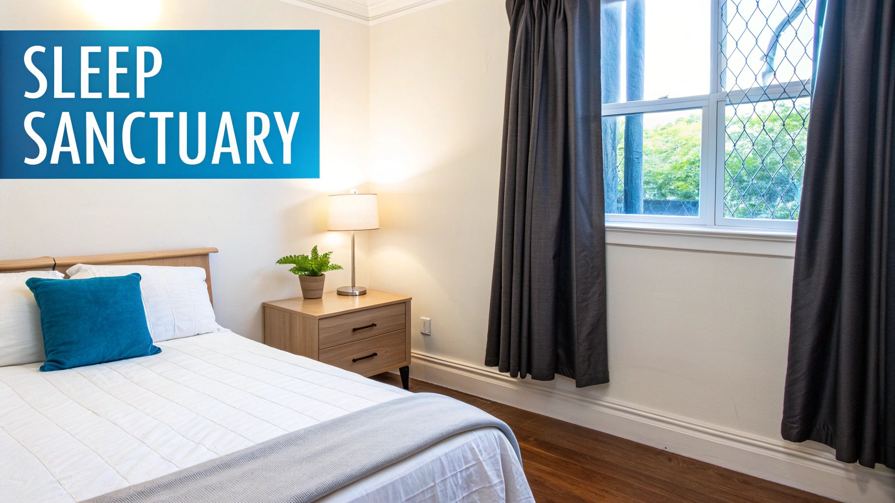 A cozy bedroom with a neatly made bed, nightstand, lamp, and window, proclaiming 'SLEEP SANCTUARY'.