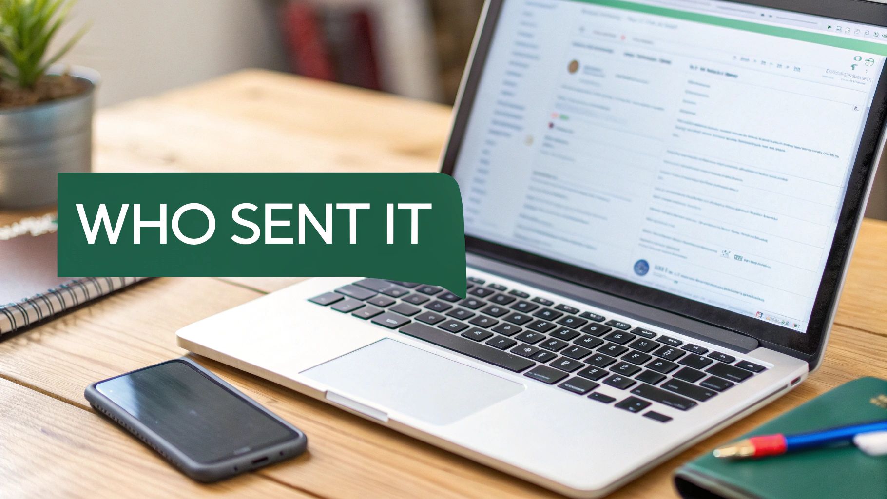 A laptop displaying an email inbox, a smartphone, and a notebook on a wooden desk, with 'WHO SENT IT' text overlay.
