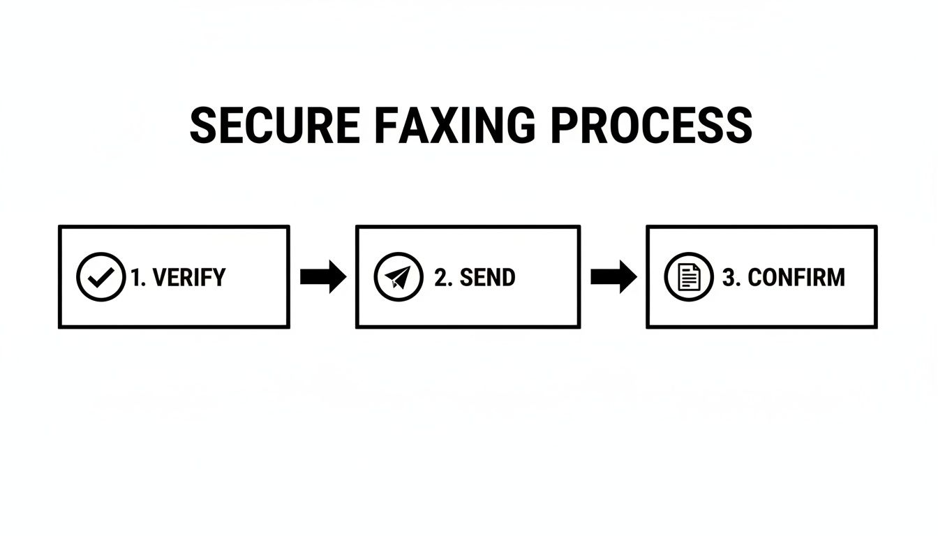 A diagram illustrating the secure faxing process in three steps: Verify, Send, and Confirm, with icons.