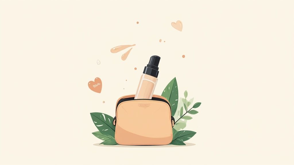 A collection of vegan foundation bottles and applicators arranged on a neutral background.