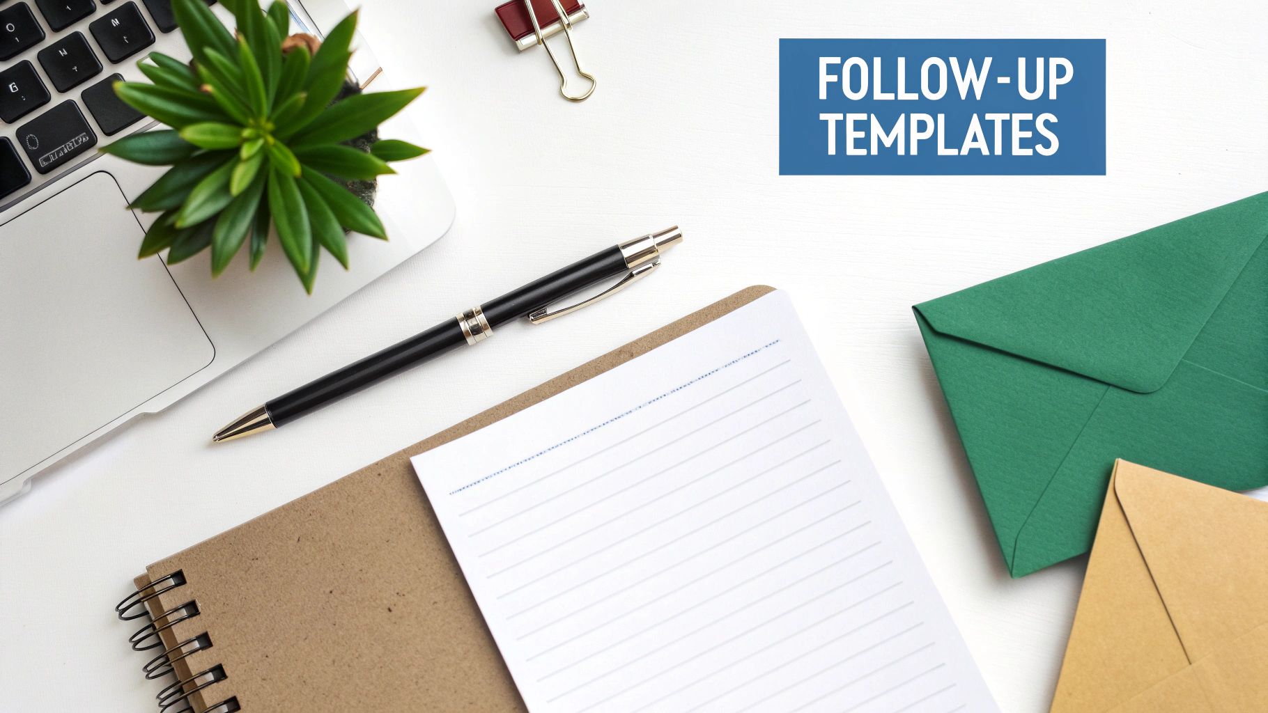 Overhead view of a clean desk with laptop, plant, pen, notebook, and envelopes, featuring 'FOLLOW-UP TEMPLATES' text.