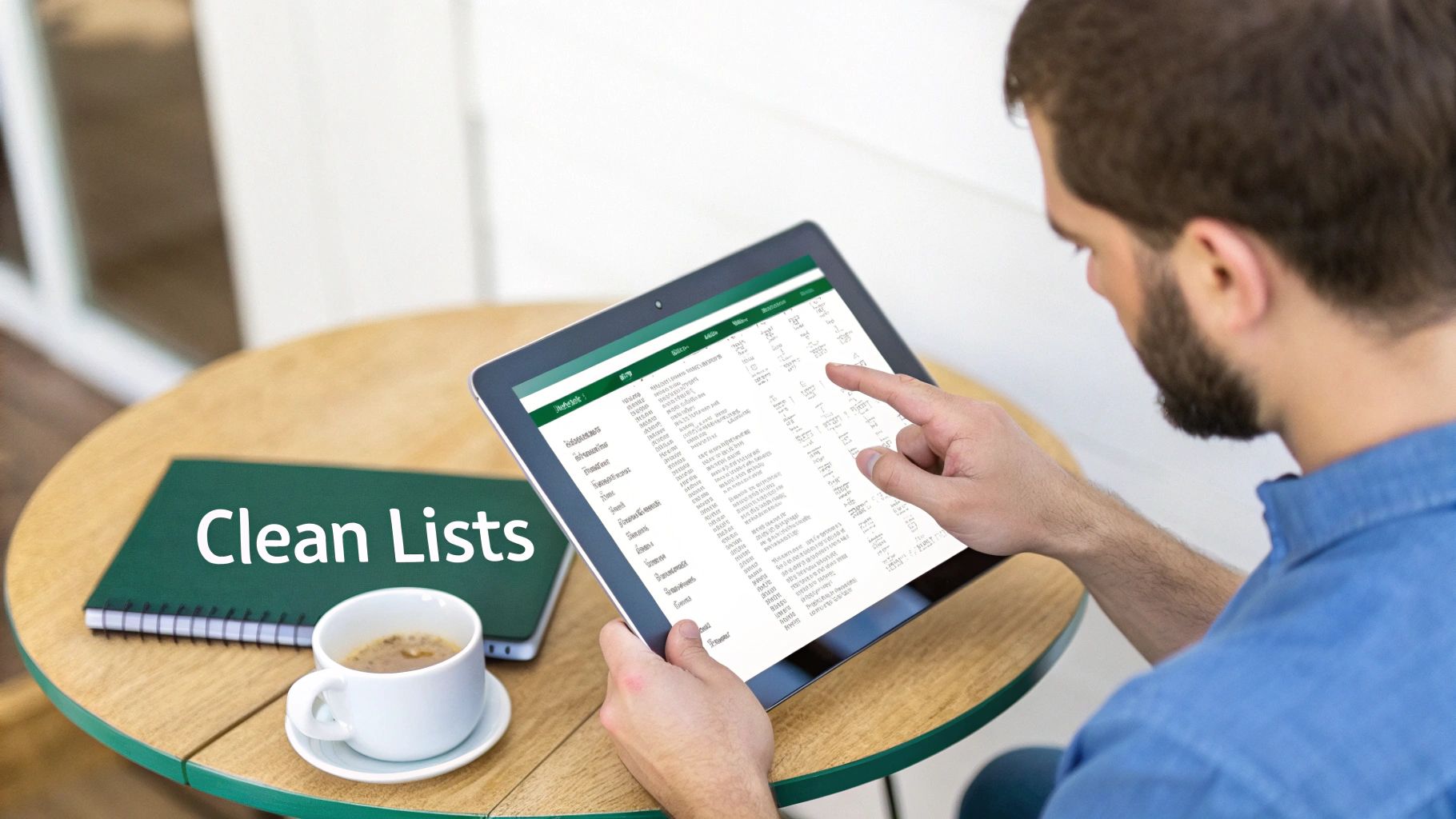 A bearded man using a tablet to review lists on a wooden table with a 'Clean Lists' notebook.
