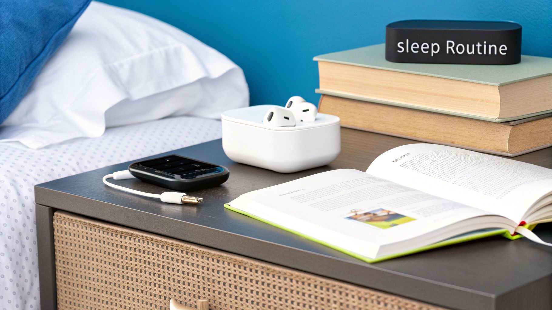A person looking at a search engine on their laptop, searching for information about sleep earbuds.