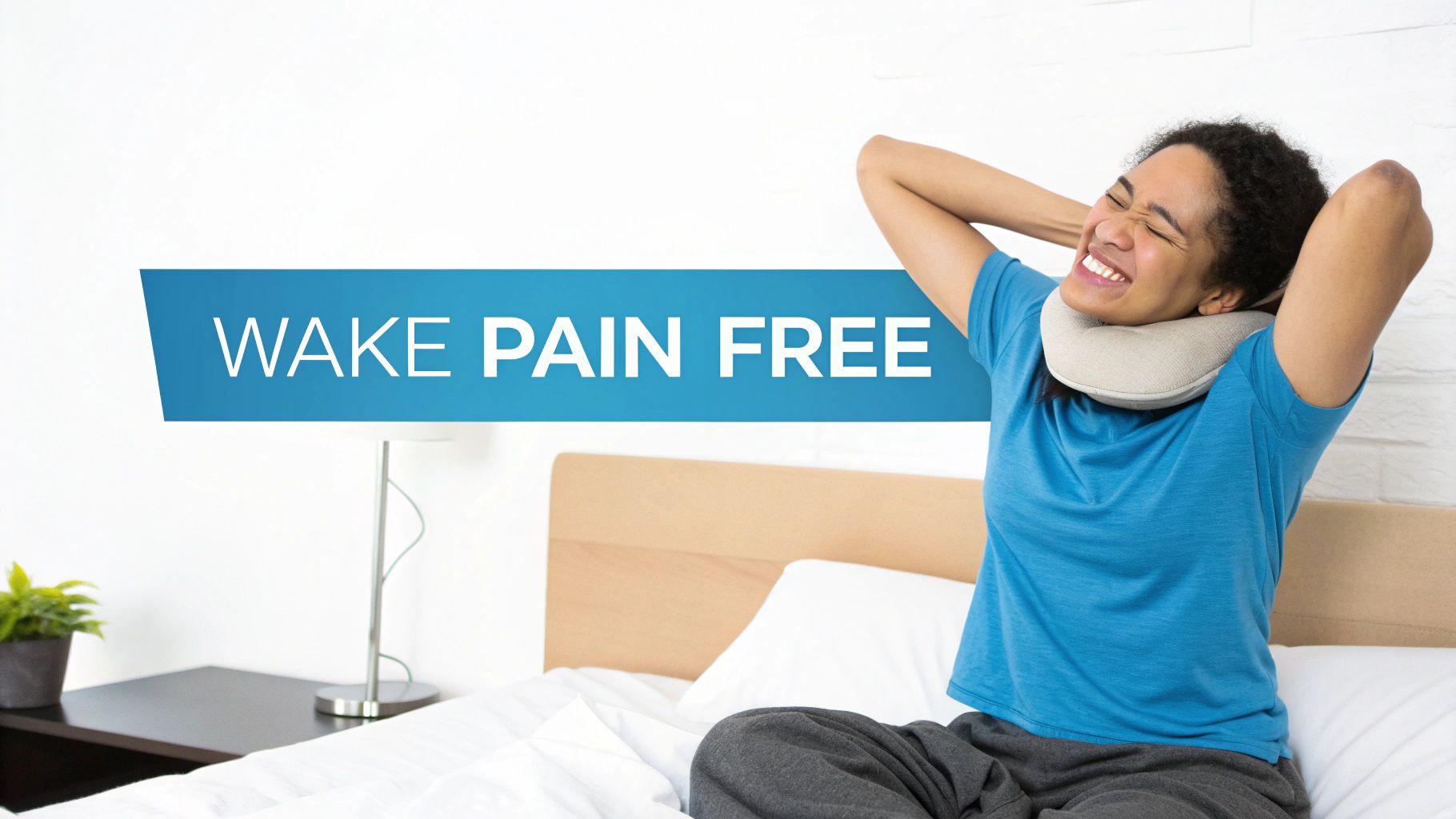 A happy woman in bed with a cervical neck pillow, stretching and smiling, indicating a pain-free wake-up.