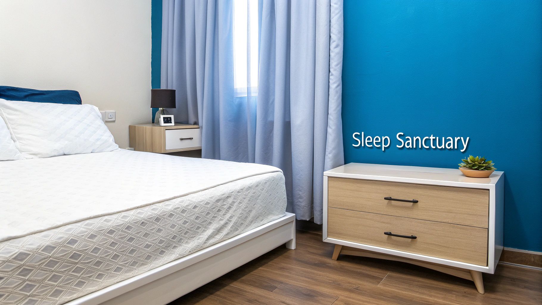 A serene, minimalist bedroom with soft lighting, creating a peaceful and inviting atmosphere.