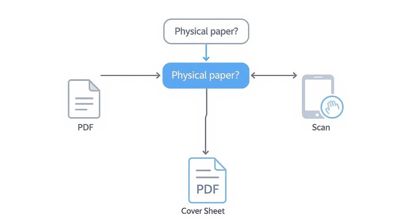 Flowchart showing digital fax process from physical paper to PDF or scan conversion