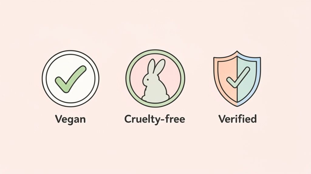 Three icons representing product certifications: Vegan checkmark, Cruelty-free bunny, and Verified shield.