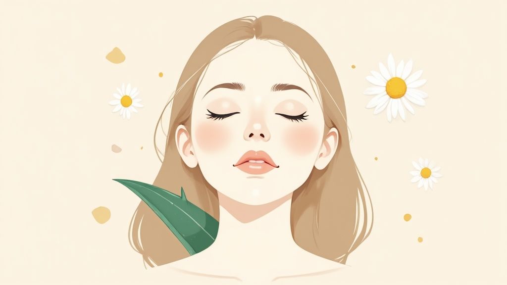 A woman with clear skin applying natural foundation with a makeup brush.