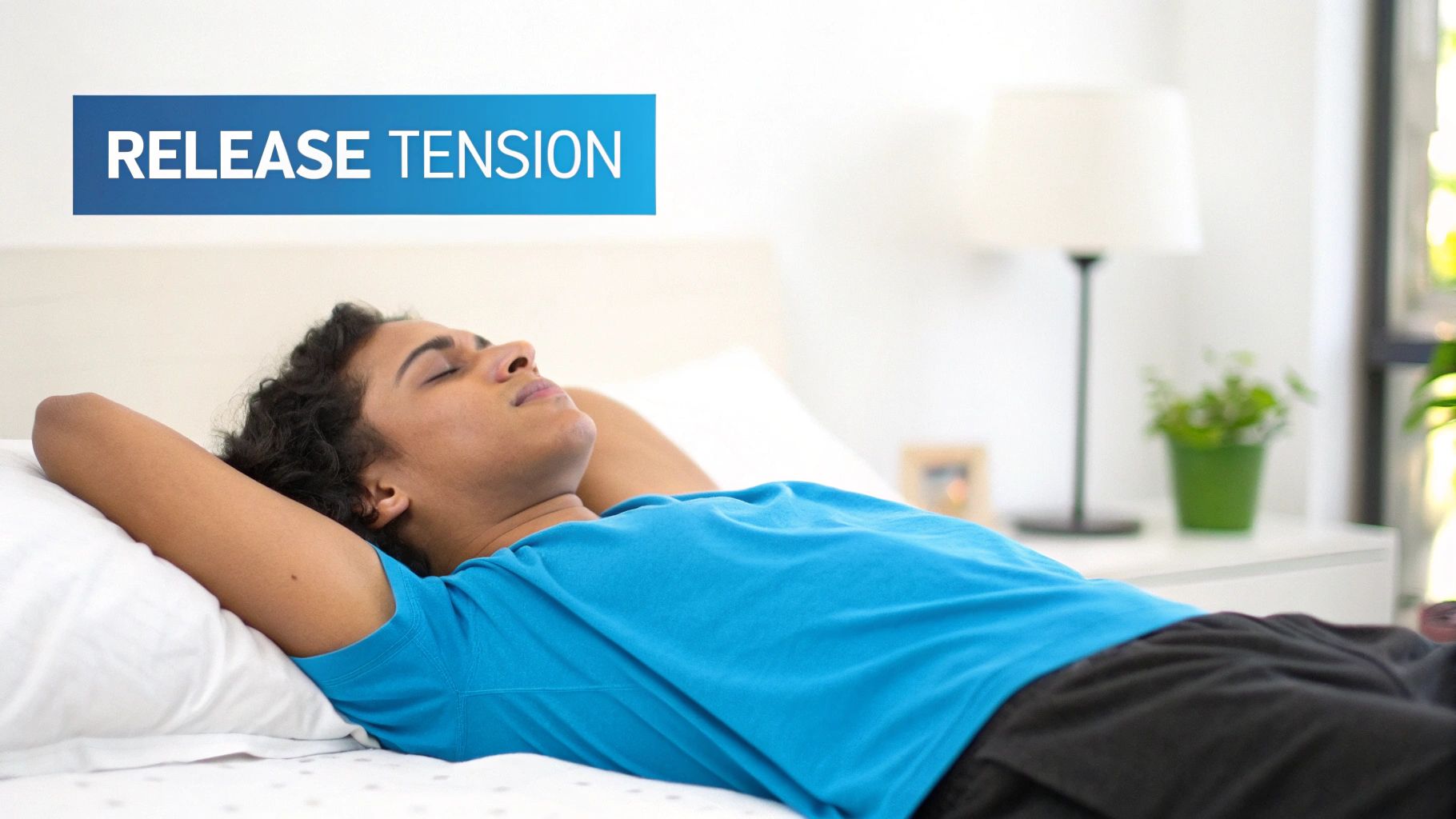 A young woman lies on her back in bed, eyes closed, appearing relaxed.